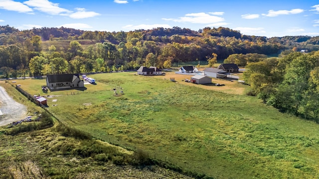 bird's eye view featuring a rural view and a forest view