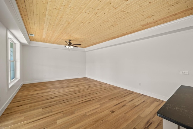 empty room with ceiling fan, light wood-type flooring, ornamental molding, and wooden ceiling