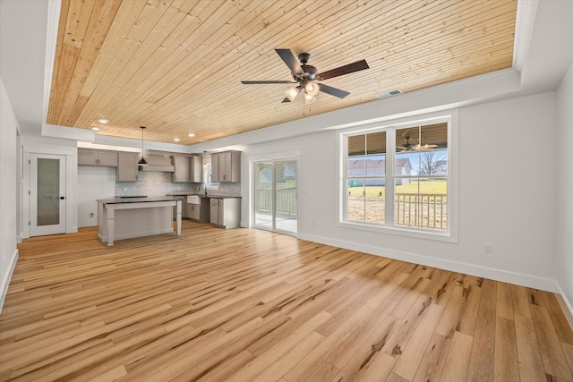 unfurnished living room featuring a tray ceiling, ceiling fan, wooden ceiling, and light wood-type flooring