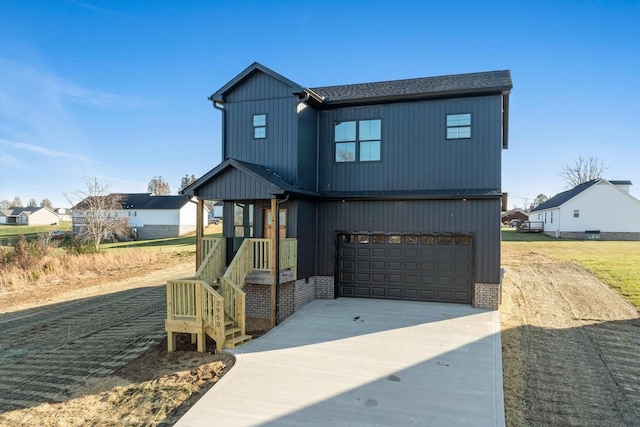 modern farmhouse featuring a garage