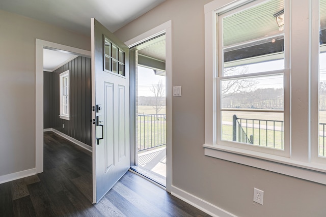 foyer featuring wooden walls and dark hardwood / wood-style floors