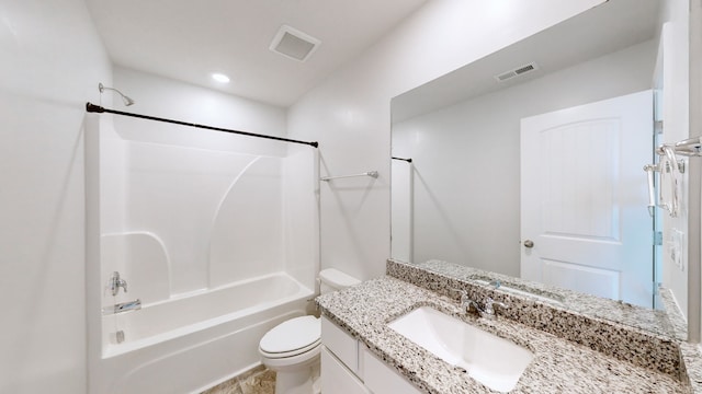 full bathroom featuring vanity, toilet, and shower / washtub combination