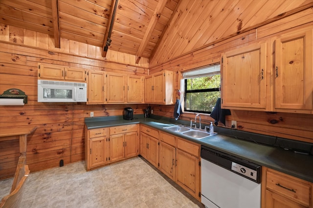 kitchen featuring wood walls, dishwasher, sink, and wood ceiling