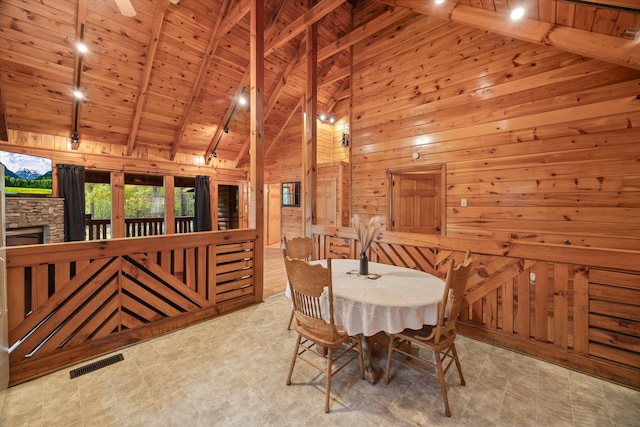 dining area featuring beamed ceiling, high vaulted ceiling, wooden walls, and wooden ceiling