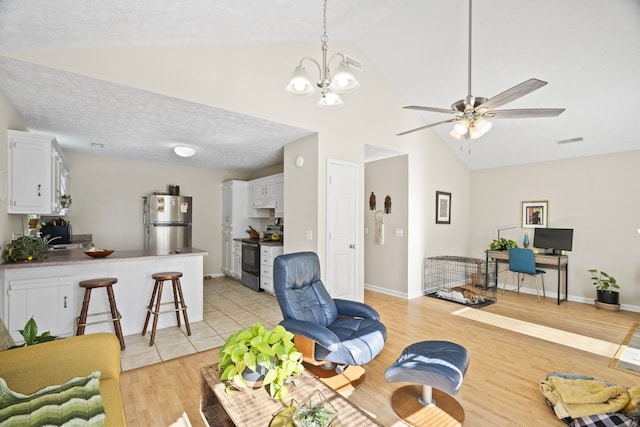 living room with sink, a textured ceiling, lofted ceiling, and light wood-type flooring