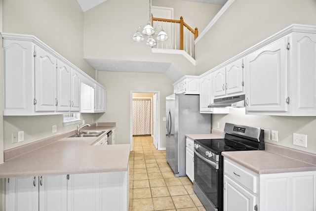 kitchen featuring kitchen peninsula, white cabinets, appliances with stainless steel finishes, sink, and decorative light fixtures