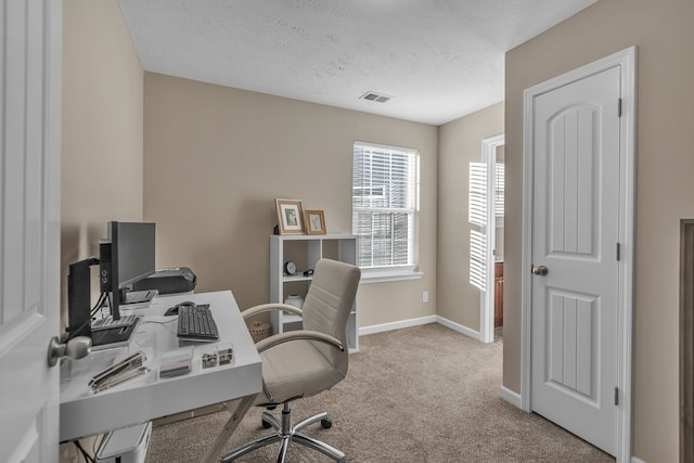 carpeted office with a textured ceiling