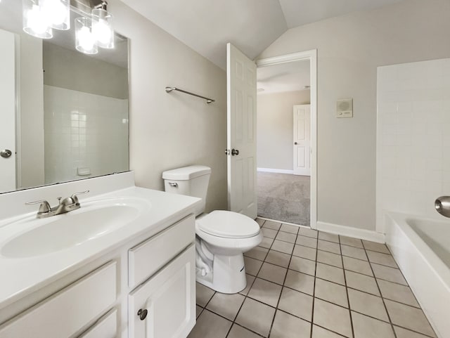 full bathroom featuring tile patterned floors, toilet, shower / bathing tub combination, vaulted ceiling, and vanity