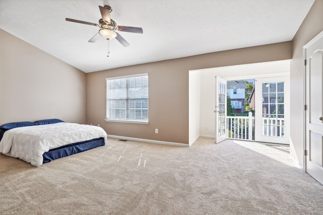 bedroom featuring visible vents, baseboards, a ceiling fan, access to exterior, and carpet flooring