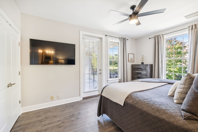 bedroom featuring multiple windows, access to exterior, dark wood-type flooring, and ceiling fan