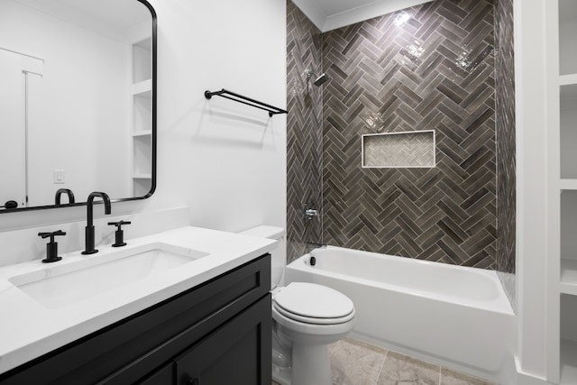 full bathroom with toilet, tile patterned flooring, crown molding, tiled shower / bath combo, and vanity