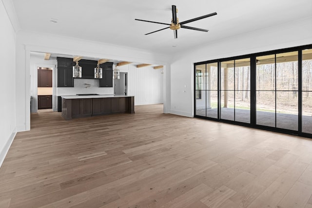 5104 Cobbler Ridge Ct, Franklin, TN 37064 - unfurnished living room featuring light wood-style floors, baseboards, ornamental molding, and ceiling fan