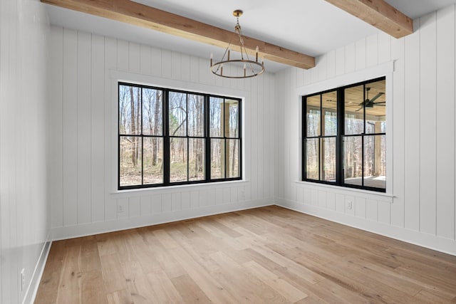 5104 Cobbler Ridge Ct, Franklin, TN 37064 - unfurnished dining area featuring light wood-style flooring, an inviting chandelier, baseboards, and beam ceiling