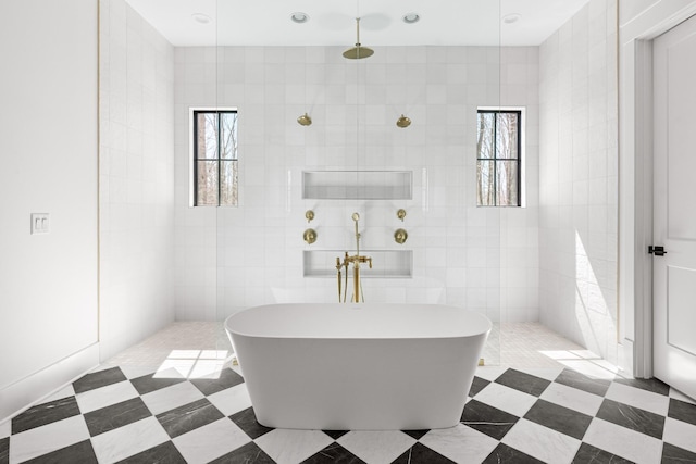 5104 Cobbler Ridge Ct, Franklin, TN 37064 - full bathroom with a freestanding bath, tile patterned floors, tile walls, and a walk in shower