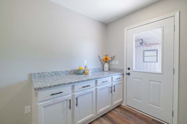 doorway featuring ceiling fan and dark wood-type flooring