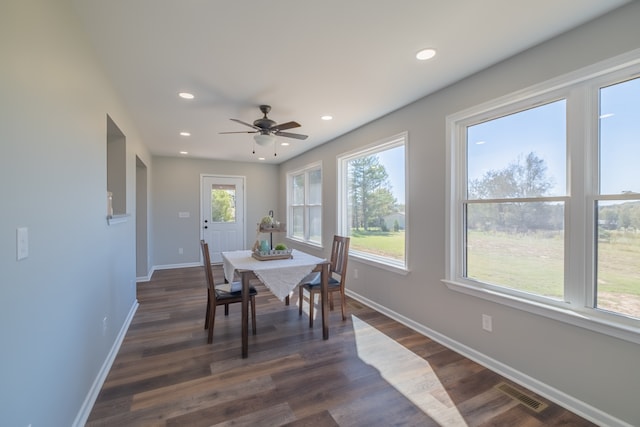 dining area with dark hardwood / wood-style flooring, ceiling fan, and a healthy amount of sunlight