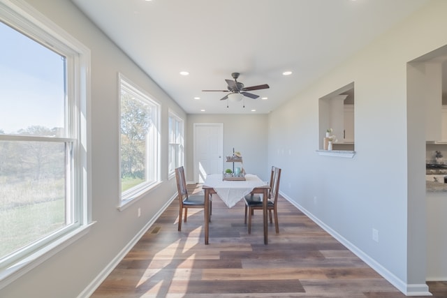 dining room featuring ceiling fan and dark hardwood / wood-style flooring