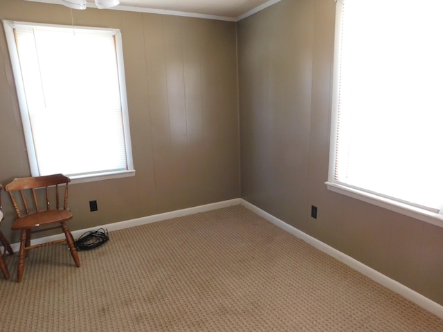 sitting room with light carpet, a healthy amount of sunlight, and ornamental molding