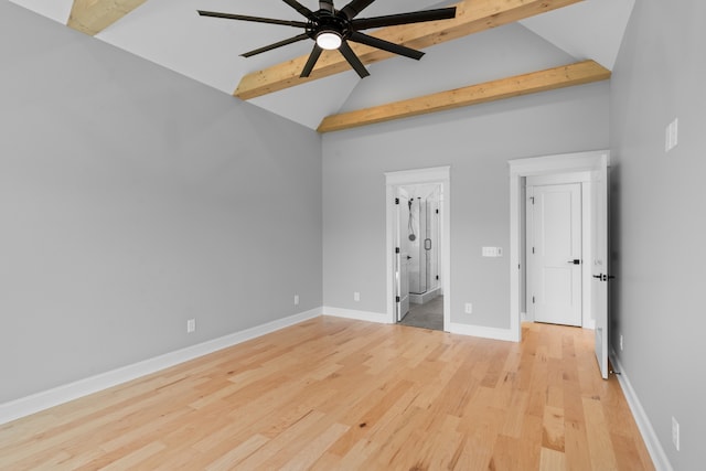 interior space with light hardwood / wood-style flooring, beam ceiling, high vaulted ceiling, and ceiling fan