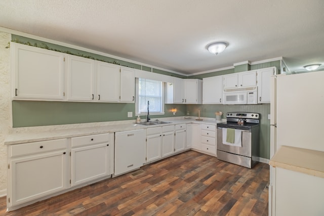 kitchen featuring white appliances, dark wood-type flooring, white cabinetry, and sink