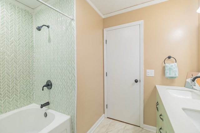 bathroom with vanity, crown molding, and  shower combination