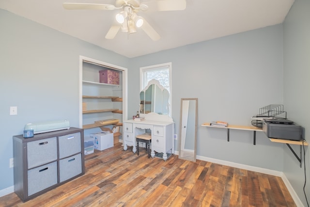 office space featuring ceiling fan and hardwood / wood-style floors