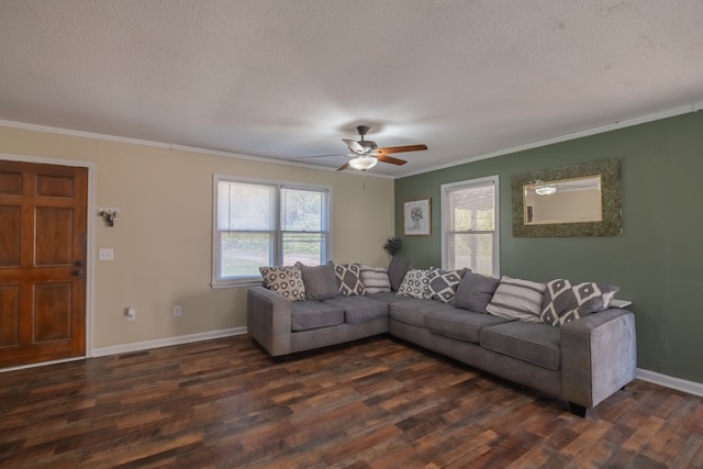 living room with dark wood-type flooring, crown molding, and a textured ceiling