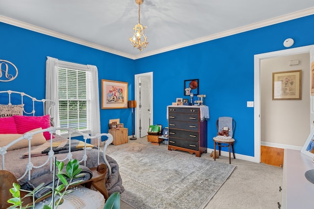 carpeted bedroom featuring ornamental molding and an inviting chandelier