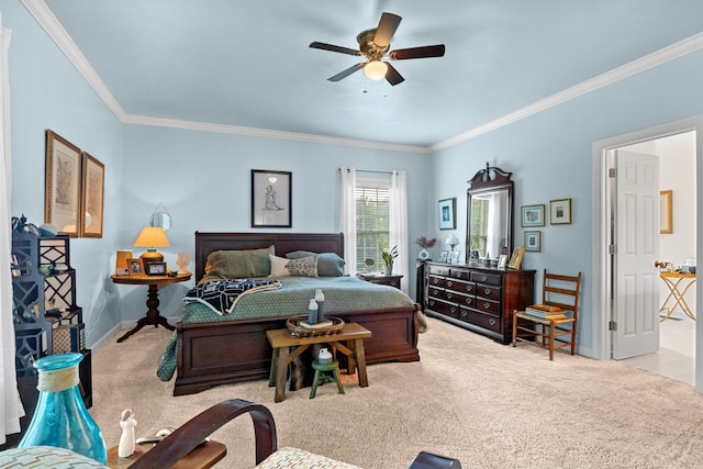 bedroom with light carpet, ornamental molding, and ceiling fan