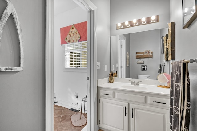 bathroom with vanity, toilet, and tile patterned floors