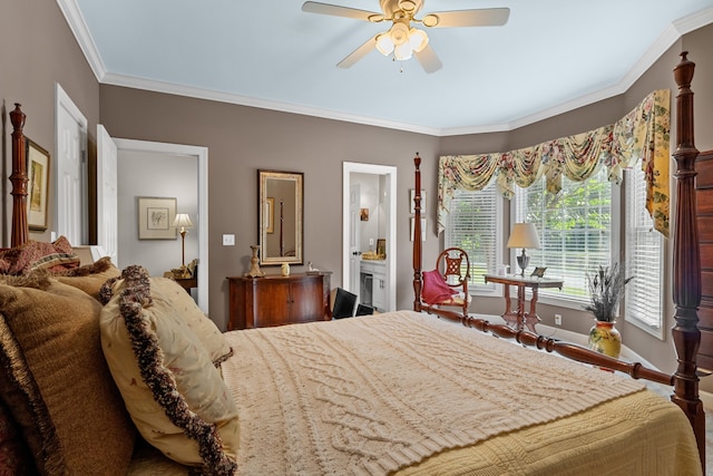 bedroom featuring crown molding, ensuite bathroom, and ceiling fan