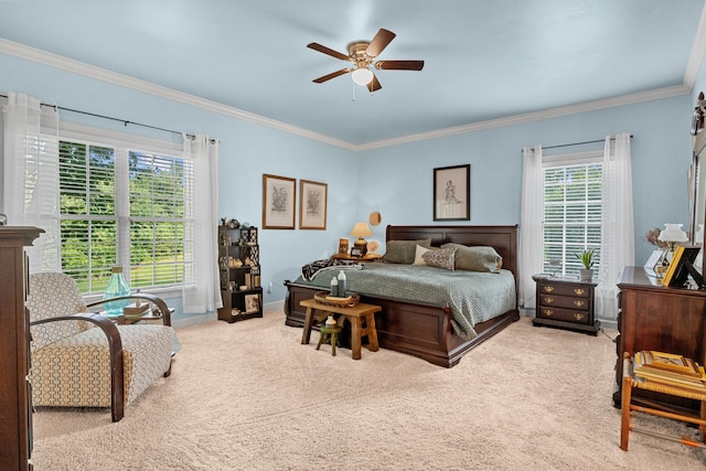 carpeted bedroom with multiple windows, crown molding, and ceiling fan