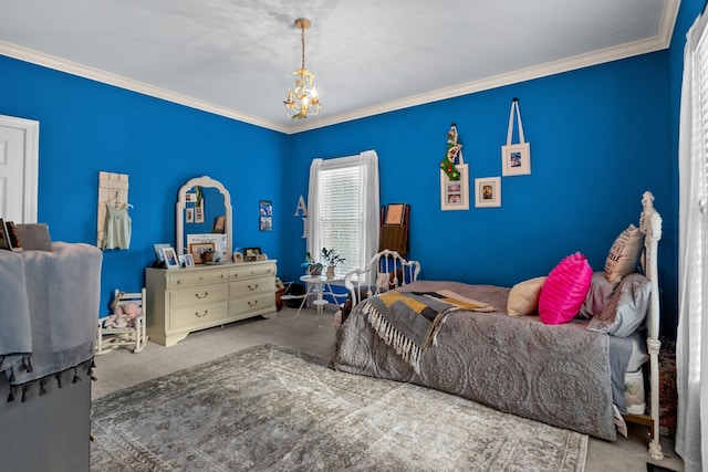 bedroom with ornamental molding, a chandelier, and carpet