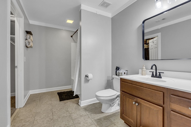 full bathroom with shower / bath combination with curtain, toilet, vanity, crown molding, and tile patterned flooring