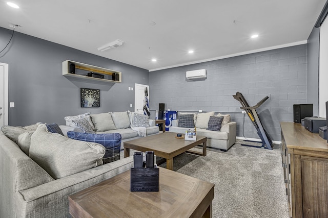 living room with a wall mounted AC and light colored carpet