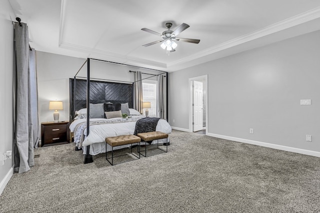 bedroom with ornamental molding, carpet, a barn door, and ceiling fan