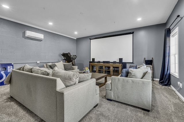 home theater with light carpet and an AC wall unit