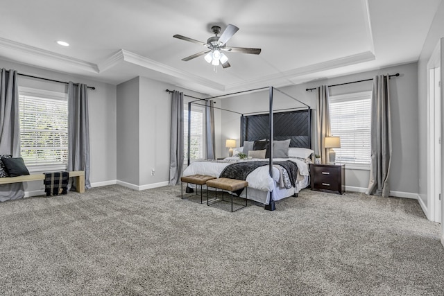 carpeted bedroom featuring crown molding, a raised ceiling, and ceiling fan