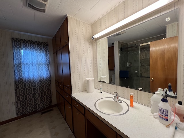 bathroom featuring vanity and walk in shower