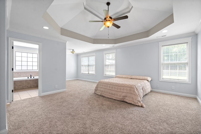 carpeted bedroom with crown molding, multiple windows, and ceiling fan