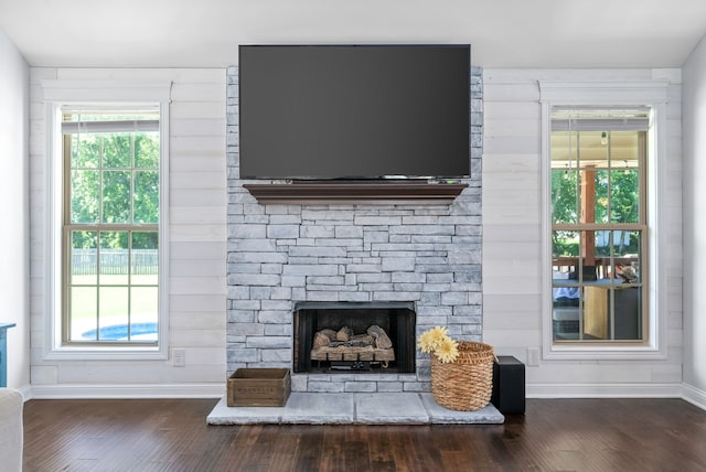 room details with a stone fireplace, wooden walls, and wood-type flooring