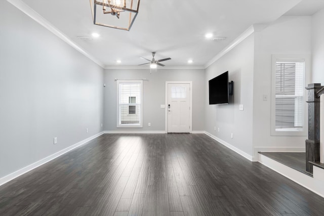 unfurnished living room featuring ornamental molding, dark hardwood / wood-style floors, and ceiling fan