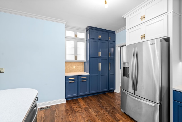 kitchen with dark wood-type flooring, white cabinetry, stainless steel refrigerator with ice dispenser, and crown molding