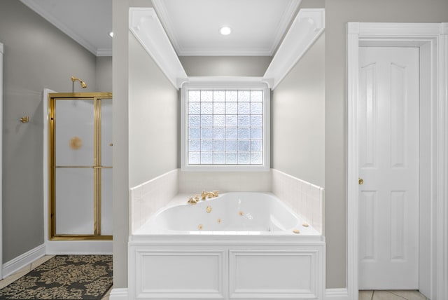 bathroom featuring independent shower and bath, crown molding, and tile patterned flooring