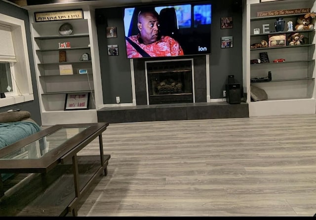 interior space with a fireplace and wood finished floors