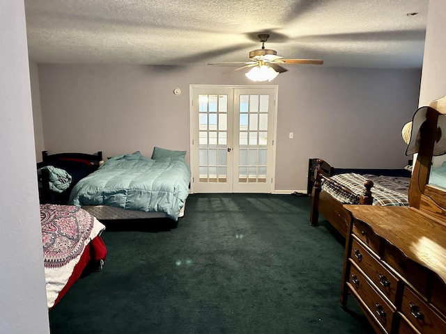 carpeted bedroom featuring ceiling fan, a textured ceiling, and french doors