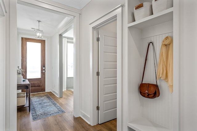 mudroom with ornamental molding and hardwood / wood-style floors