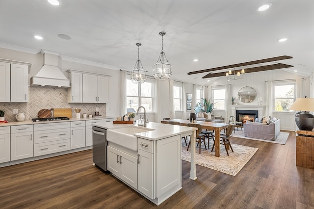 kitchen with white cabinets, an island with sink, premium range hood, ornamental molding, and dark hardwood / wood-style floors