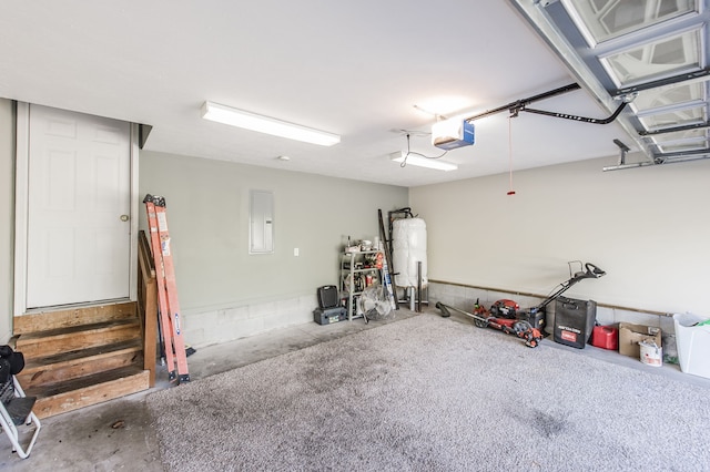 garage with a garage door opener, electric panel, and water heater