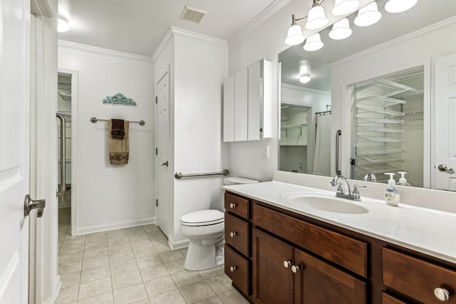 bathroom with walk in shower, toilet, vanity, crown molding, and tile patterned flooring